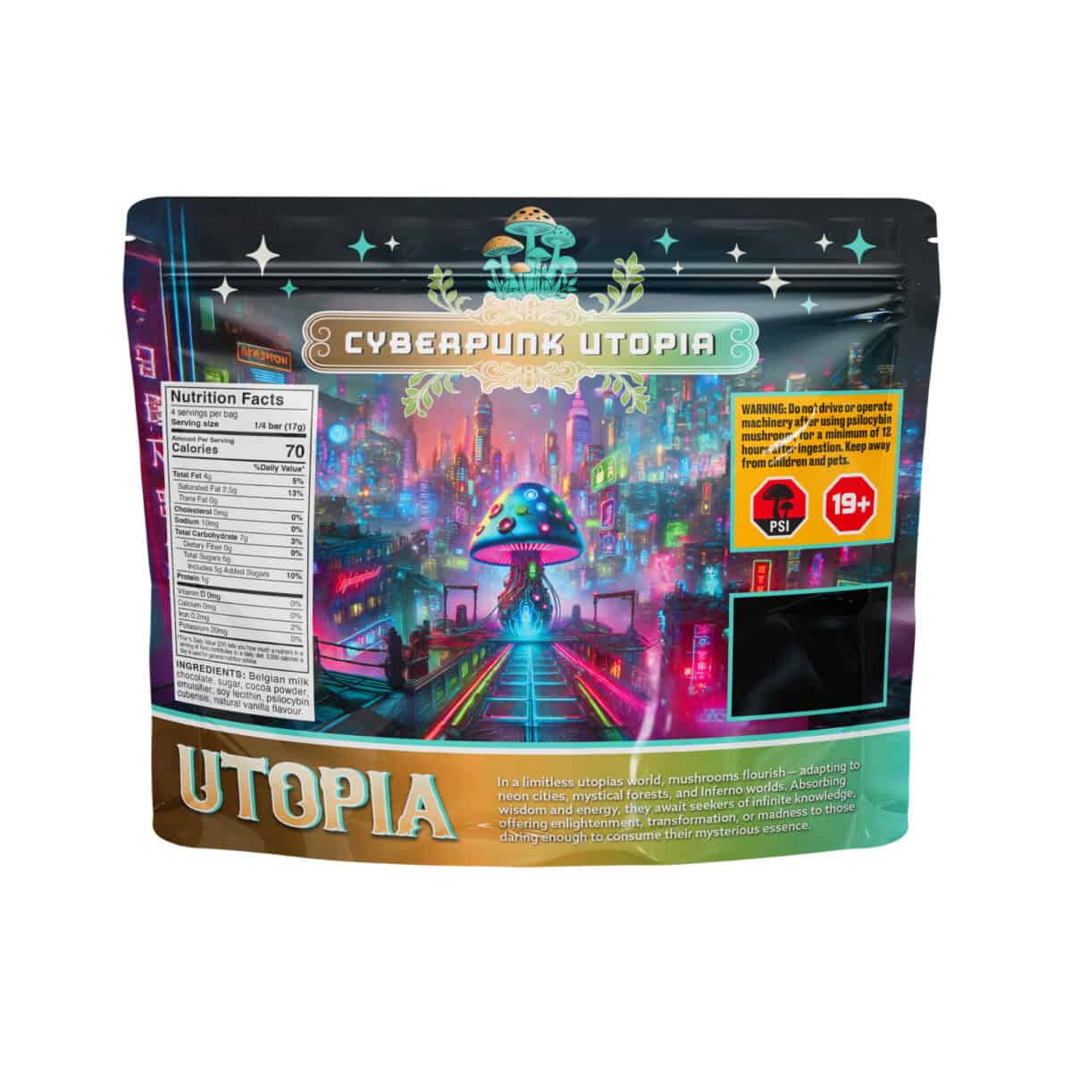 Vibrant cyberpunk-themed psychedelic mushroom product packaging.