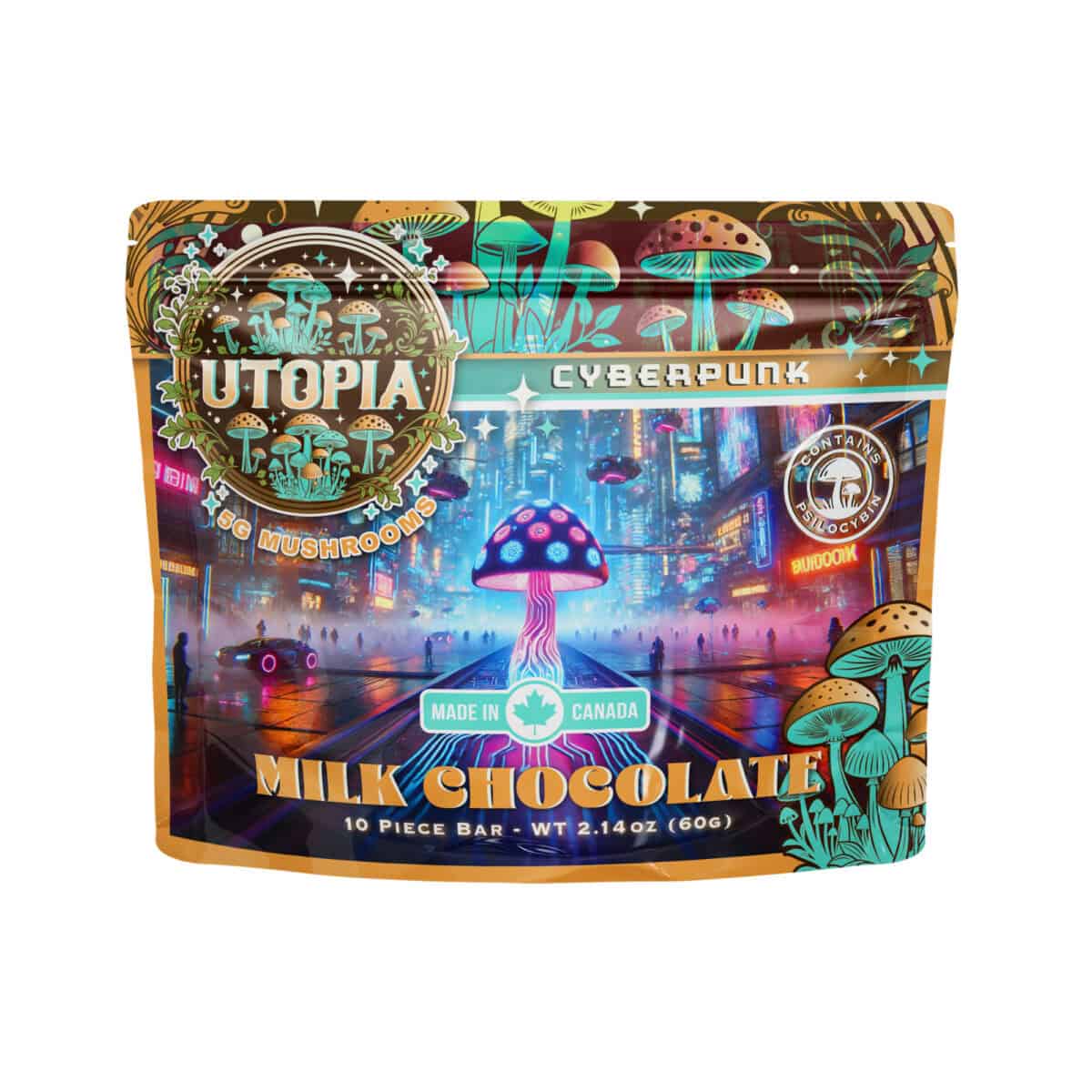 Vibrant cyberpunk-themed packaging featuring luminous mushrooms for psychedelic mushroom chocolate.