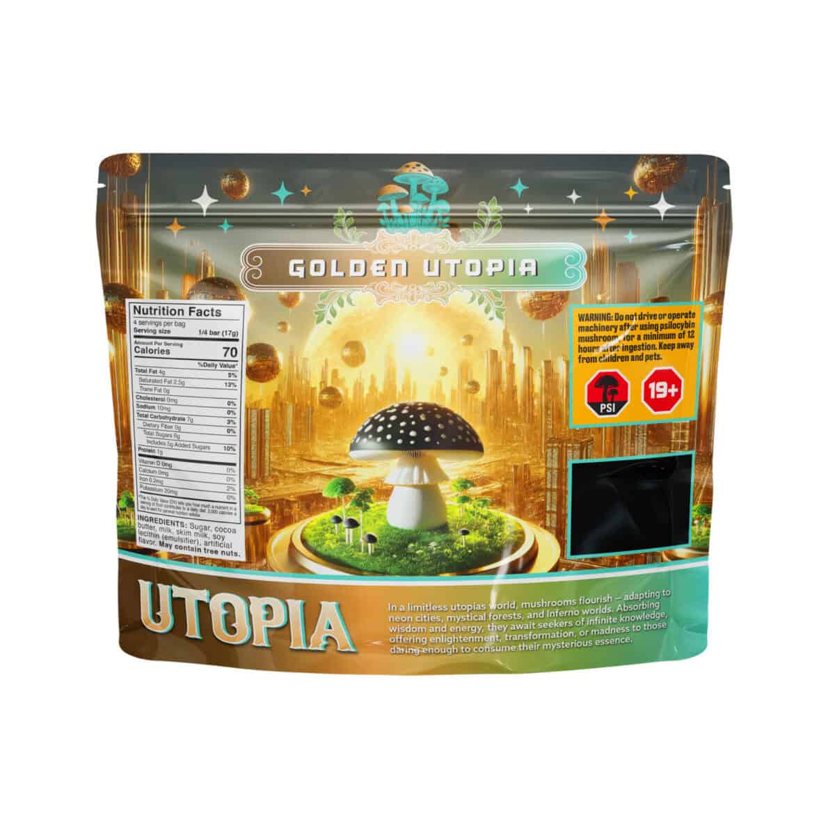 Colorful packaging with mushroom illustrations and futuristic theme for Magic Mushrooms.