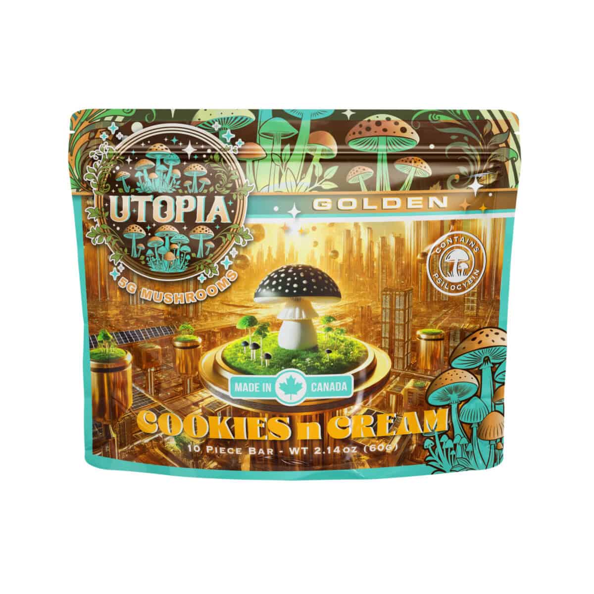 Bright packaging with colorful mushrooms and futuristic cityscape design.