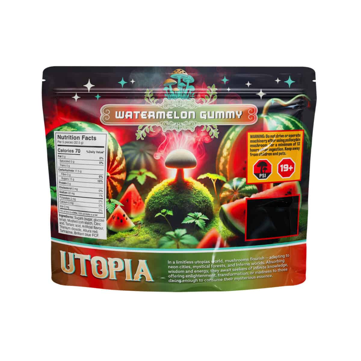 Bright, colorful packaging featuring mushrooms and vibrant graphics.