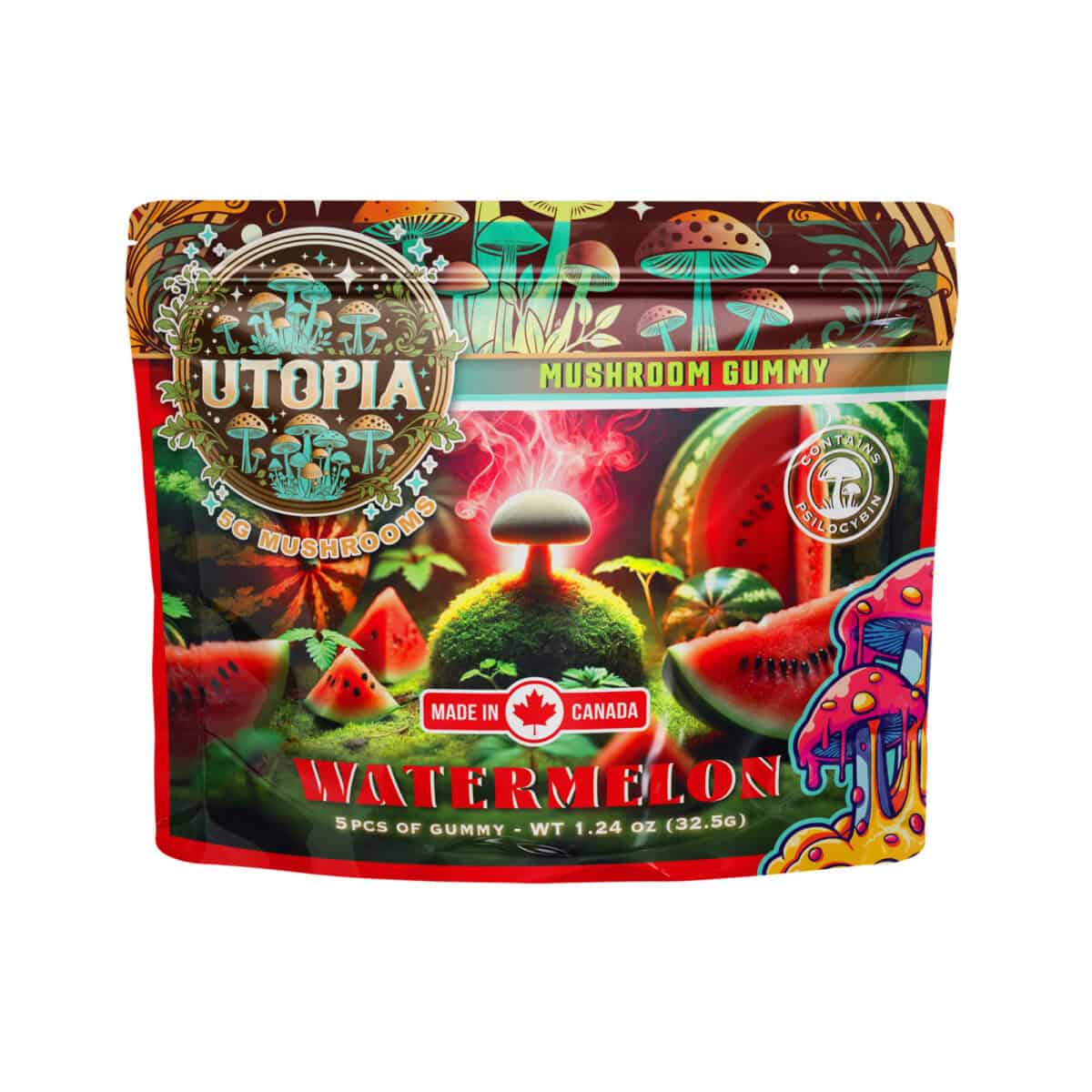 Bright, colorful package featuring mushrooms and watermelon imagery.