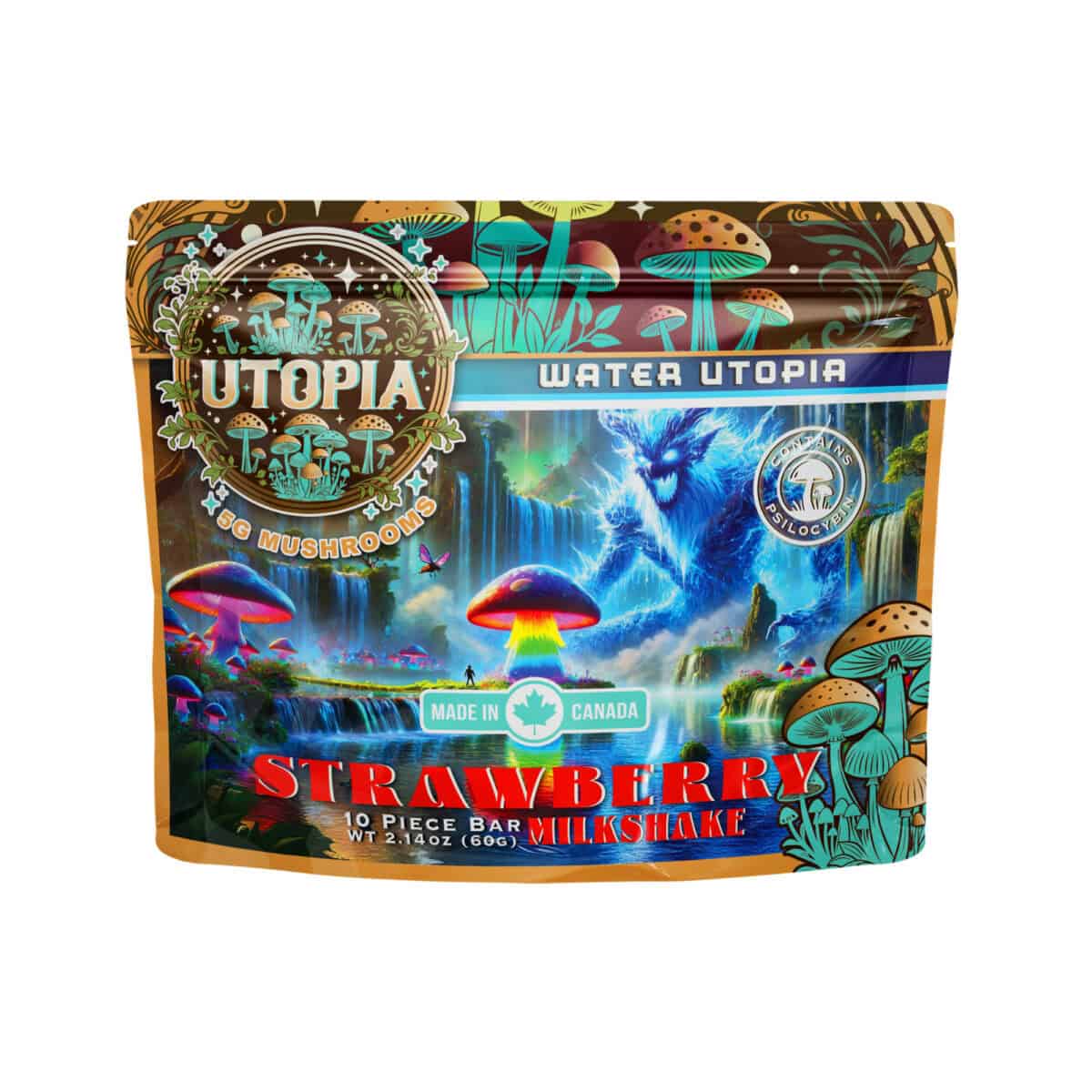 Vivid water-themed fantasy art with colorful mushrooms and mystical creatures.